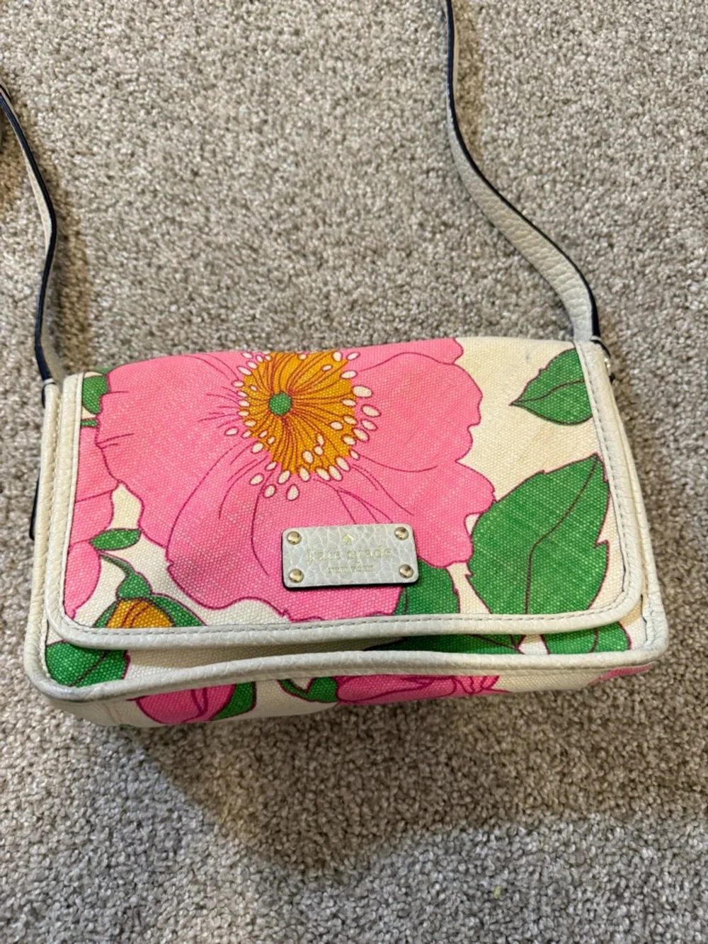 Kate Spade Cream Pink Floral Canvas Woven Leather Crossbody‎ Bag Purse Summer